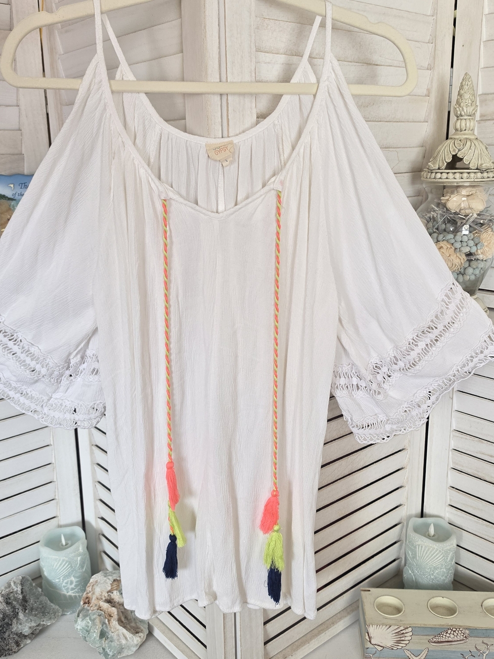 Surf Gypsy White Cold Shoulder Peasant Top Large Neon Tassel Boho Lace Blouse